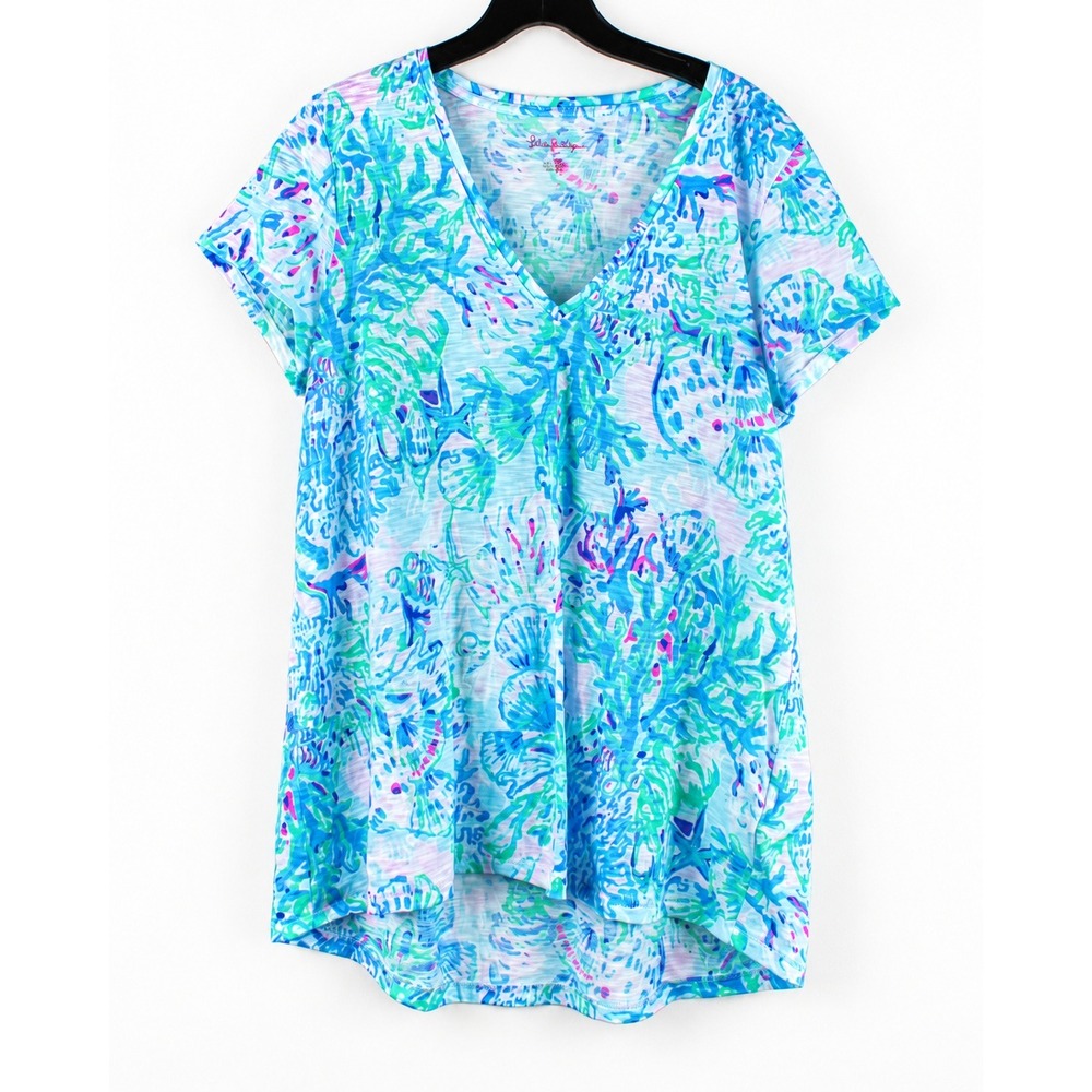 Lilly Pulitzer Etta V-Neck Top Blue Green Coral Print Cotton Slub Tee NWOT
